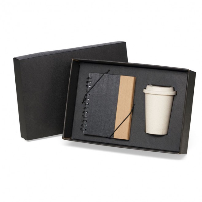 Kit com Caderno. Caneta e Copo em fibra de Bambu