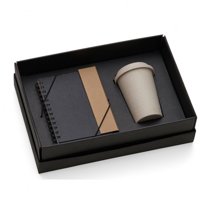 Kit com Caderno. Caneta e Copo em fibra de Bambu