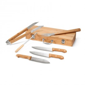Kit Churrasco em Aço Inox e Bambu 6 Peças em Estojo de Bambu