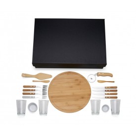 Kit Pizza Em Bambu Com Copos - 19 Pçs