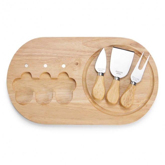 Kit Queijo 4 Peças Com Tábua de Madeira Para Brinde Personalizado