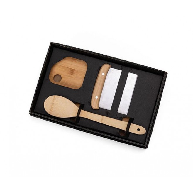 Kit Para Cozinha Em Bambu / Inox Com Espátula Multiuso - 3 Pçs