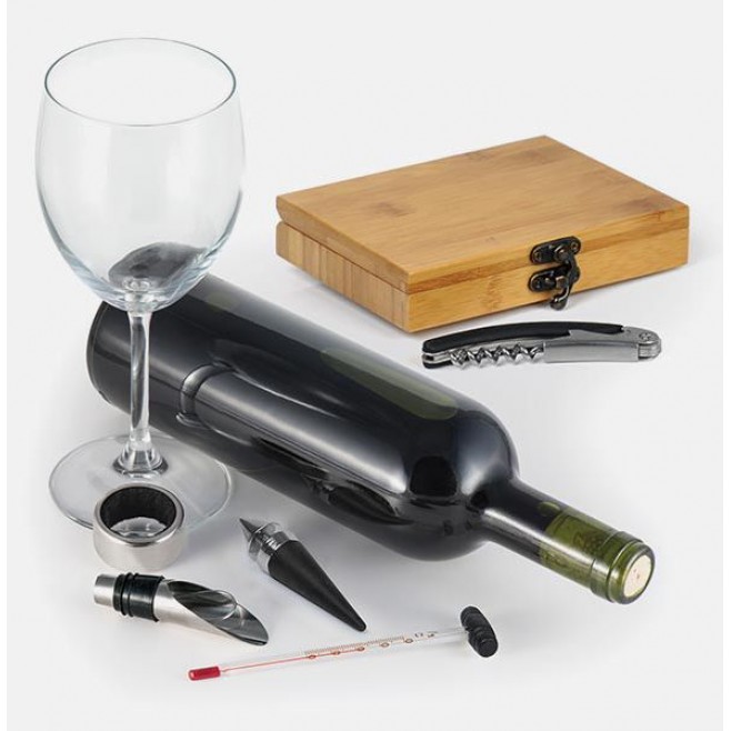 Kit Para Vinho Com Estojo em Bambu - 6 Pçs Personalizado
