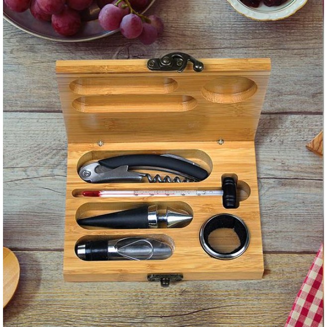 Kit Para Vinho Com Estojo em Bambu - 6 Pçs Personalizado