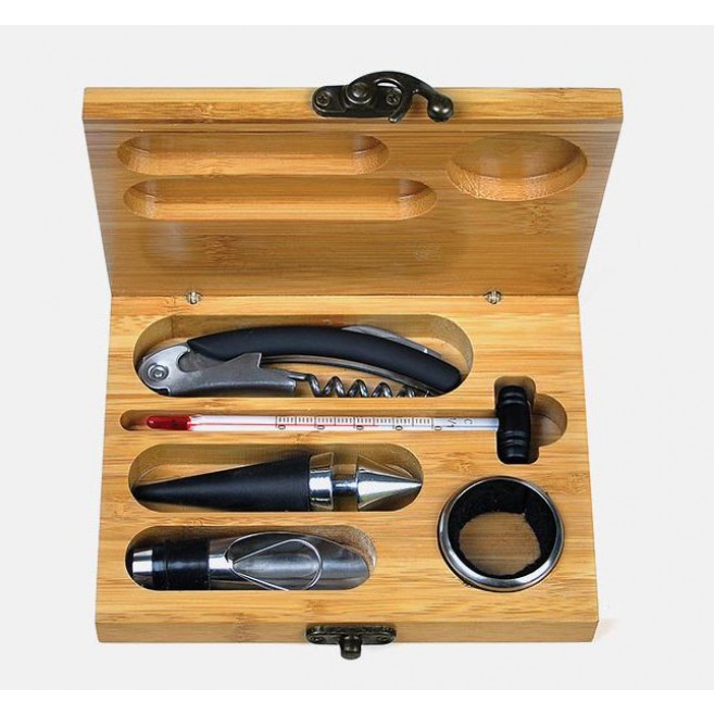 Kit Para Vinho Com Estojo em Bambu - 6 Pçs Personalizado