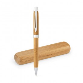 Conjunto caneta de bambu com estojo 