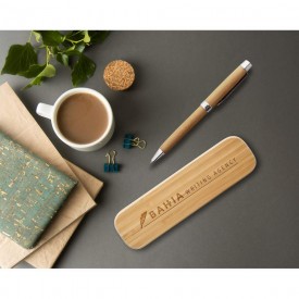 Conjunto caneta de bambu com estojo 