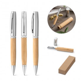 Esferográfica em bambu e metal com estojo em ABS Personalizada