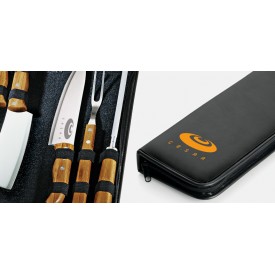 Kit De Facas Inox E Bambu Com Garfo E Estojo - 7 Pçs