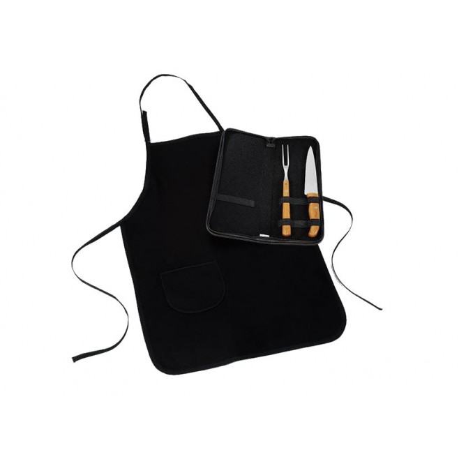 Kit Garfo, Faca Inox/Bambu Com Estojo E Avental - 4 Pçs