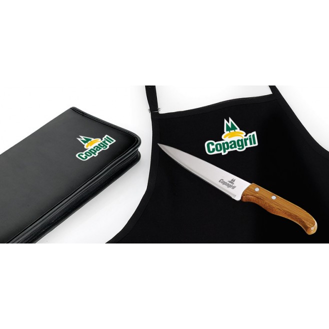 Kit Garfo, Faca Inox/Bambu Com Estojo E Avental - 4 Pçs