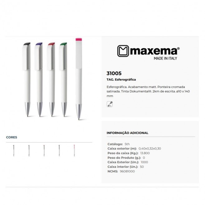 Caneta Esferográfica italiana Maxema Personalizada