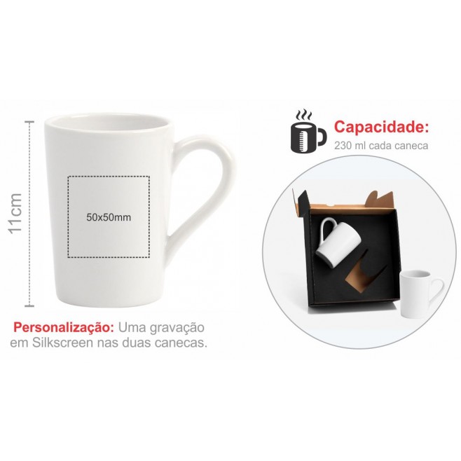  Kit contendo 2 canecas em cerâmica branca.