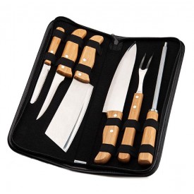 Kit De Facas Inox E Bambu Com Garfo E Estojo - 7 Pçs