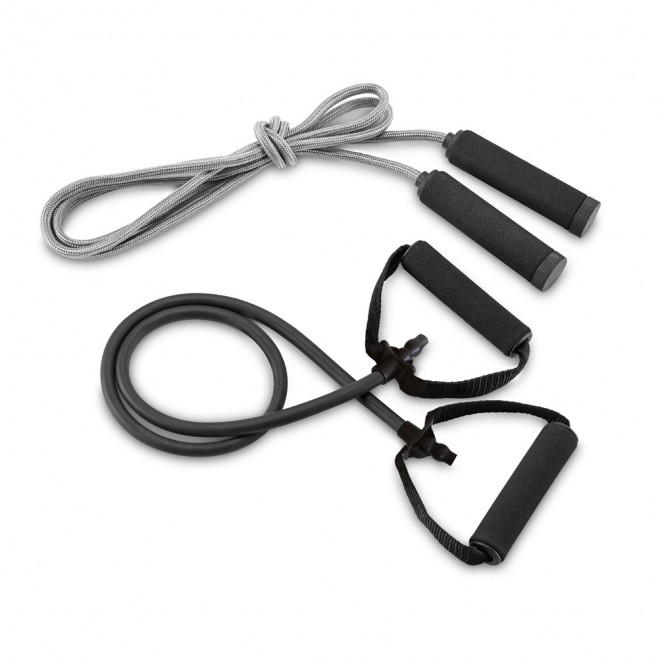 Kit fitness composto por elástico e corda de pular.