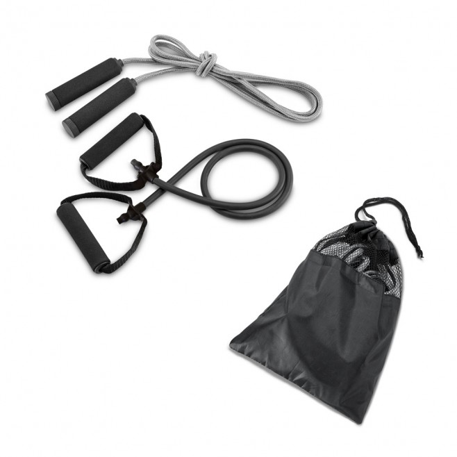 Kit fitness composto por elástico e corda de pular.