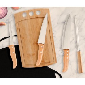 Kit Para Cozinha Em Bambu / Inox Com Avental - 6 Pçs