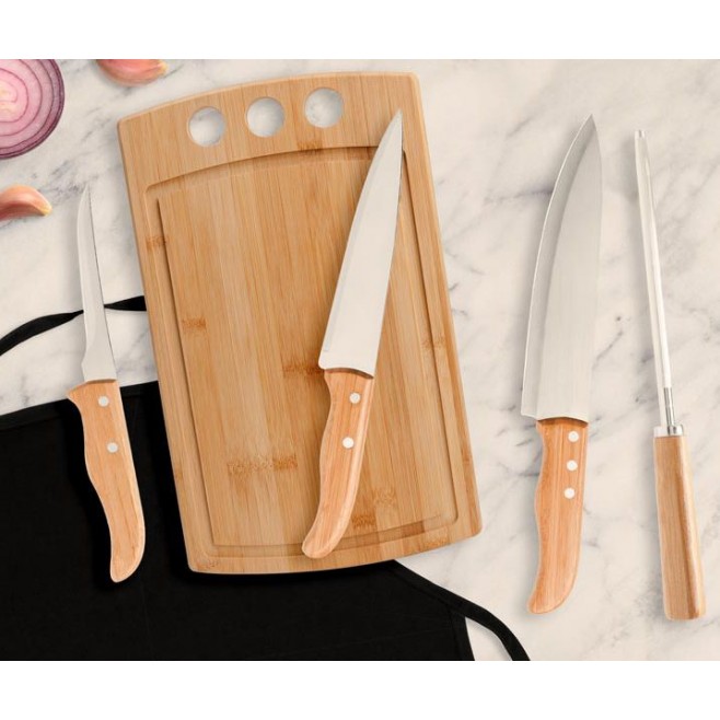 Kit Para Cozinha Em Bambu / Inox Com Avental - 6 Pçs
