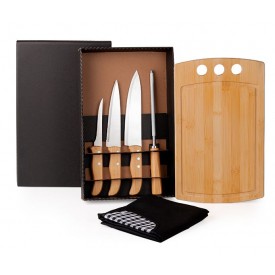 Kit Para Cozinha Em Bambu / Inox Com Avental - 6 Pçs