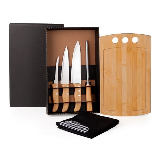 Kit Para Cozinha Em Bambu / Inox Com Avental - 6 Pçs
