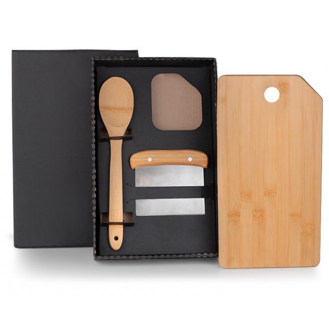 Kit Para Cozinha Em Bambu / Inox Com Espátula Multiuso - 3 Pçs