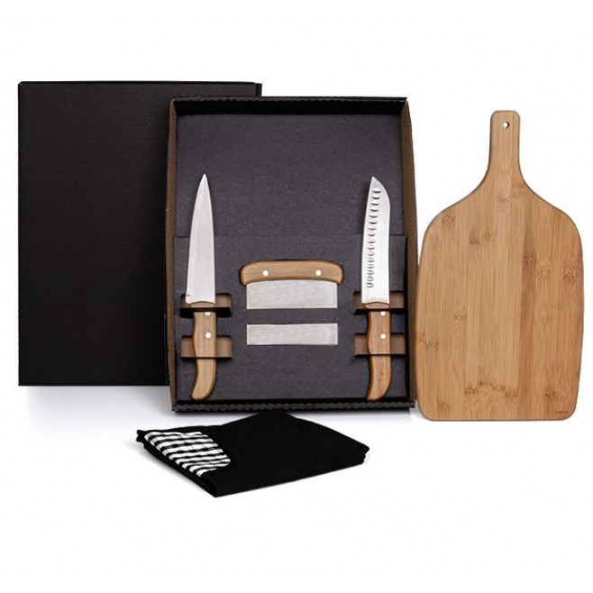 Kit Para Cozinha Em Bambu / Inox Com Espátula Multiuso - 4 Pçs