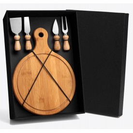 Kit Para Queijo em Bambu e Inox Com Tábua Redonda 5 Pçs